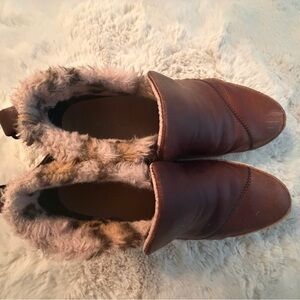 Toms Faux Pink Brown Leo Fur Paxton Brown Leather Slip-Ons Size 7